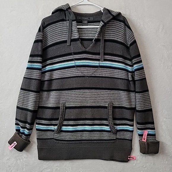 Retrofit Men's Knit Hoodie Hooded Sweater Size Large Gray Blue Striped FLAWED - Picture 2 of 13